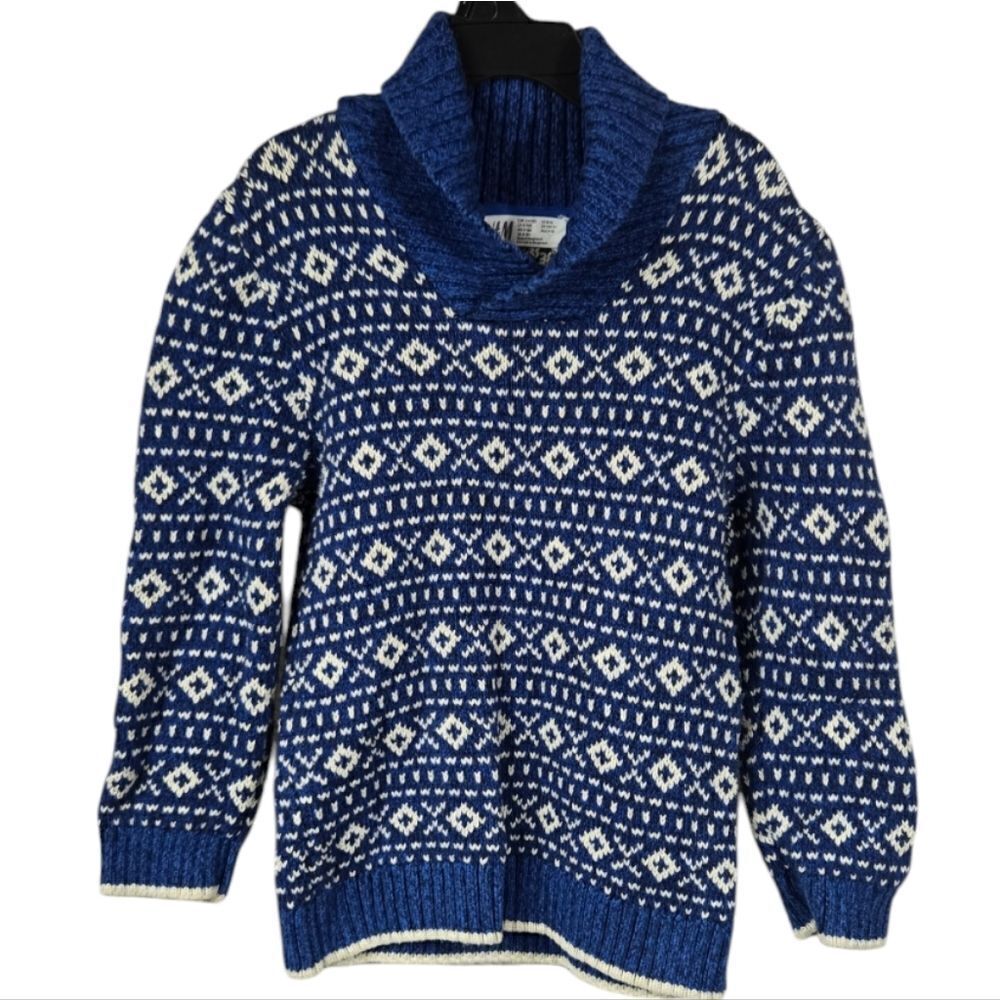 H&M Boys 8/10 Cable Knit Pullover Shawl Collar Sweater Blue Pattern Winter Warm